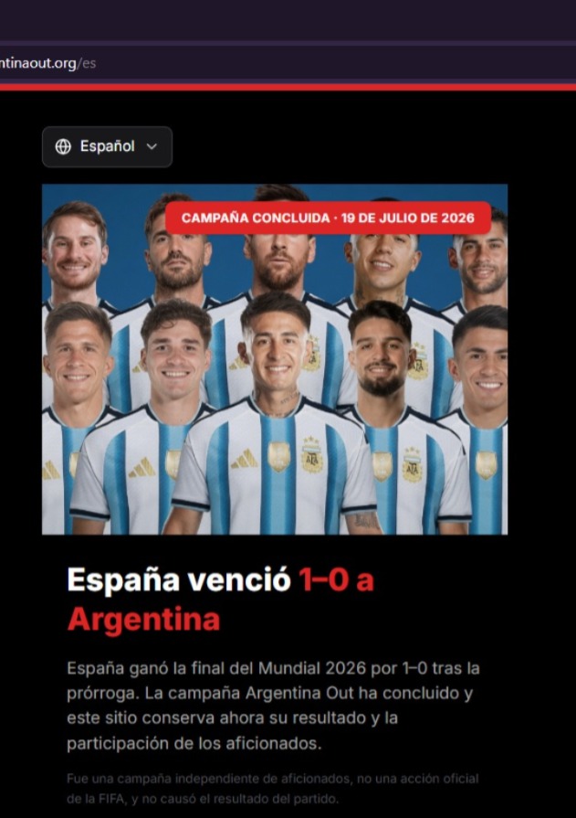 Captura de argentinaout.org: contador final de la campaña en 28.997.266 y resultado España 1–0 Argentina en la final del Mundial 2026.