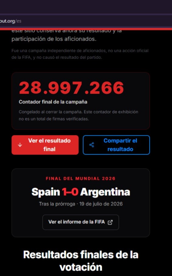 Captura de argentinaout.org: campaña concluida el 19 de julio de 2026, con el titular «España venció 1–0 a Argentina».